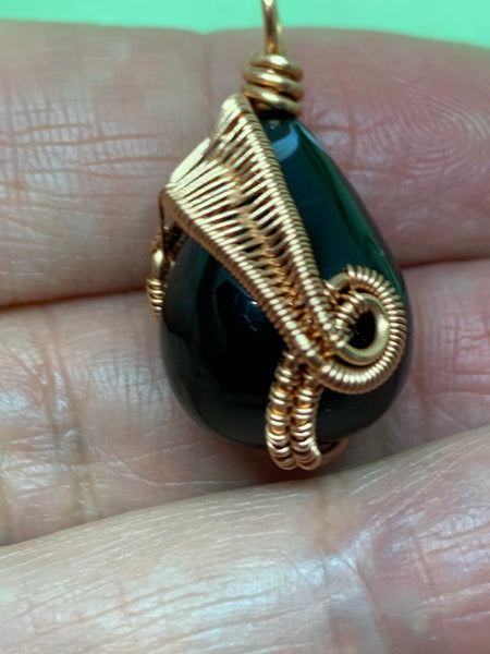 Black Agate Woven Wire Teardrop Pendant