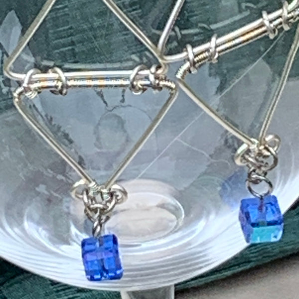 Double Triangle Earrings with Blue Crystal Cube