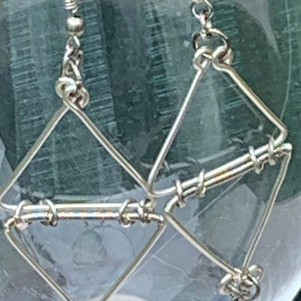 Double Triangle Earrings with Blue Crystal Cube