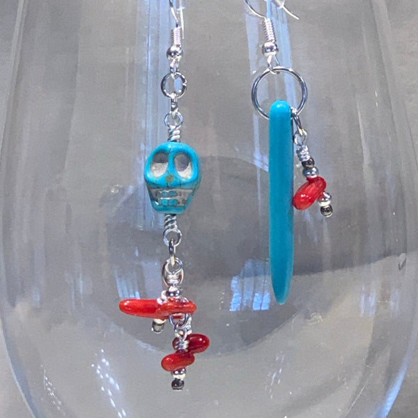 Turquoise Skull and Spike Asymmetrical Earrings