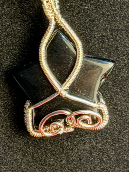 Deep Night Star Necklace, Black Agate Star Woven Wire Wrapped