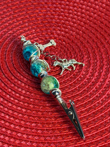 Silver Paws Glass Alligator Clip Pendant, bracelet buddy, roach clip