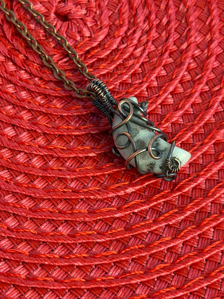 Meadow Moon - Kiwi Jasper Crescent Necklace / Copper Wire Wrapped Moon Pendant