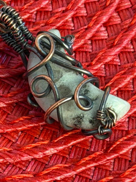 Meadow Moon - Kiwi Jasper Crescent Necklace / Copper Wire Wrapped Moon Pendant