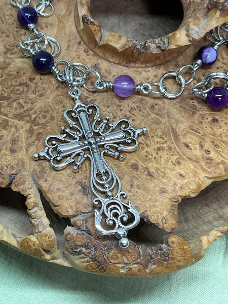 Filagree Cross with Agate Beaded Chain Necklace