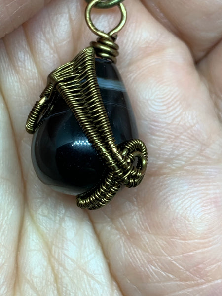 Black Agate Woven Wire Teardrop Pendant