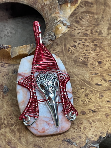 Red Line Marble with Raven Skull Pendant