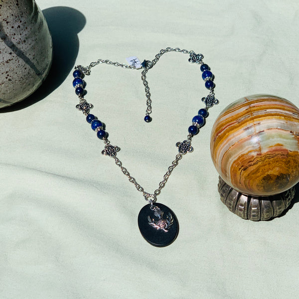 Lapis Lazuli Necklace with Slate and Scotticsh Thistle Focal