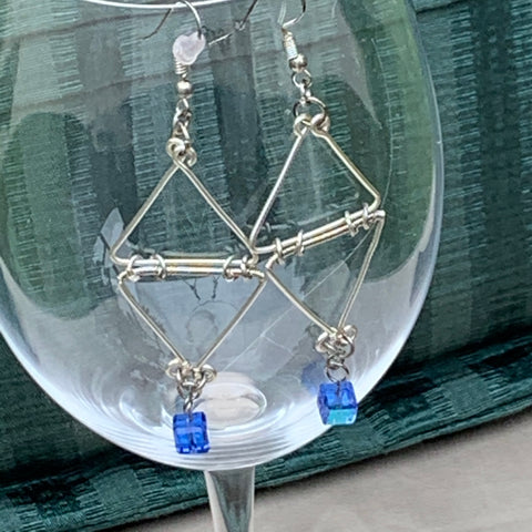 Double Triangle Earrings with Blue Crystal Cube
