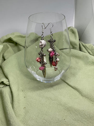 Asymmetrical Dagger and Roses Earrings
